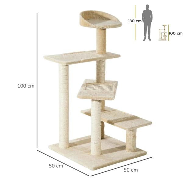 Beige cat tree tower with stacked perches, cubby scratch pad, and sisal posts