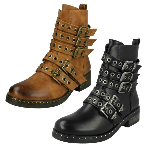 Spot On Ladies Spot On Biker Boots With Buckle Detail F4410