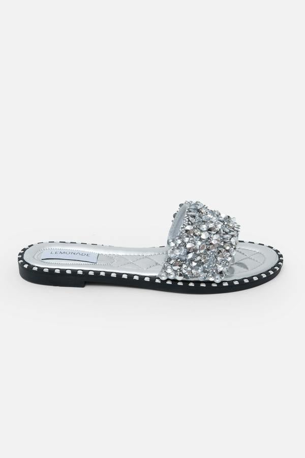 Crystal Clustered Sliders Silver, capturing rounded-Toe Design