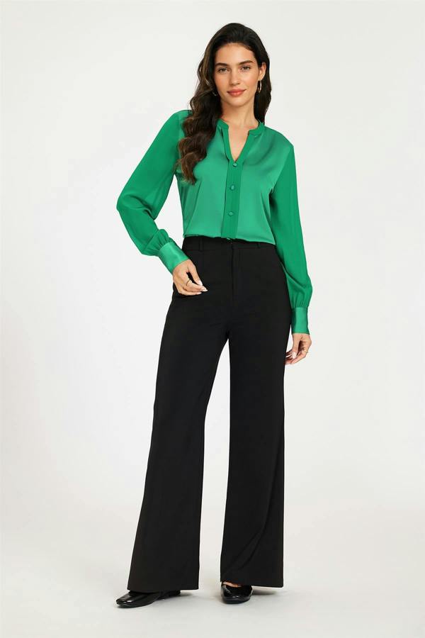 FS Collection Long Sheer Sleeve Satin Notch Neck Blouse Top In Green