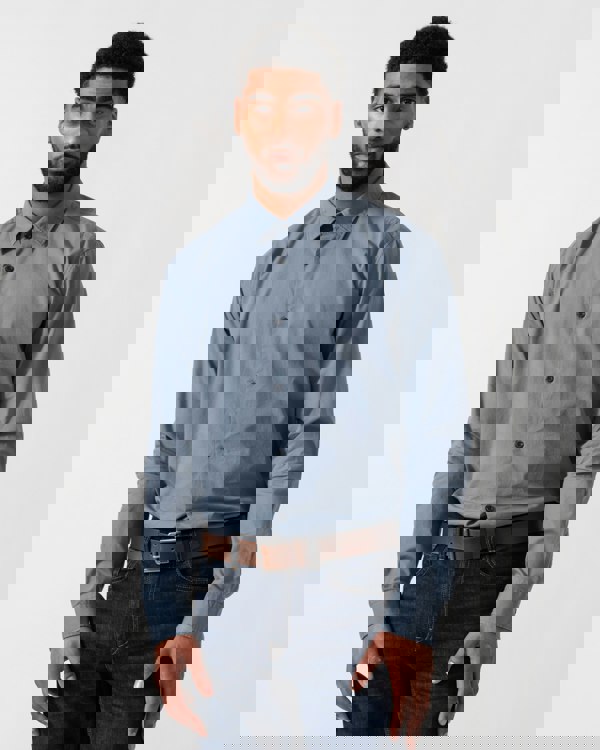 Model wearing HUGO Ermo Slim-Fit Shirt in Stretch-Cotton Canvas in Open Blue 496 -Main