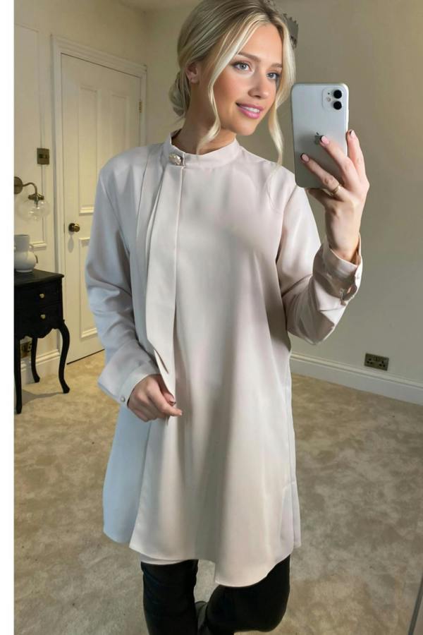 Hoxton Gal Oversized High Neck Tunic Top with Brooch Details in Beige