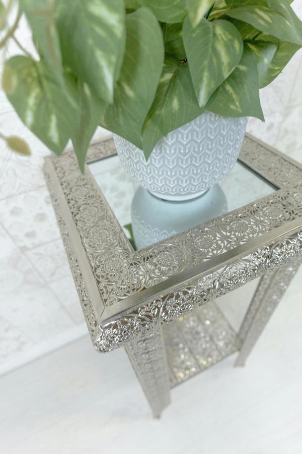Downton Interiors Silver Embossed Metal Mirrored Glass Side Table with Shelf - Agadir Range
