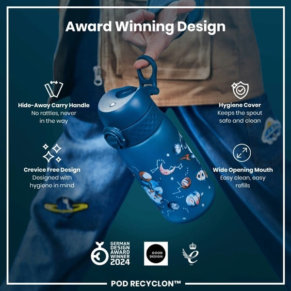 A blue water bottle with a space theme is being held; it features a hide-away handle, hygiene cover, and wide mouth. Award-winning design.