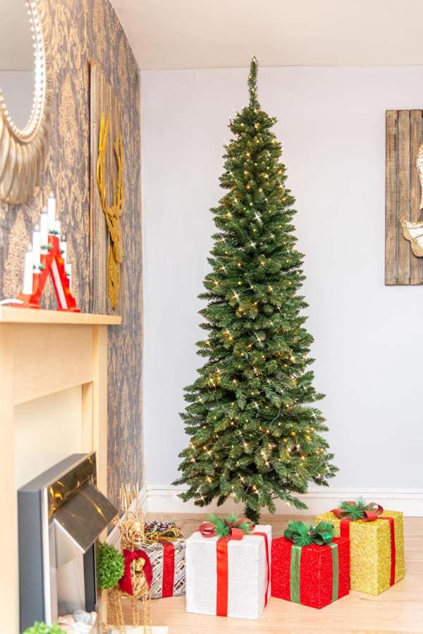 7ft Green Pre-Lit Slim Pencil Christmas Tree with Warm White LEDs, Metal Stand and PVC Branches image 7