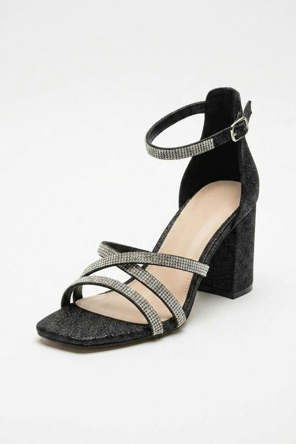 Saoirse Glitter Block Heel Strappy Sandals - Black