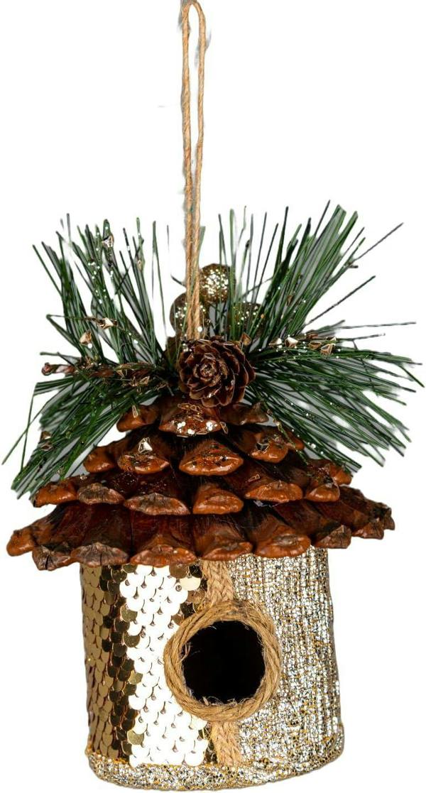 10x11cm Gold Sequin Birdhouse Christmas Hanging Decorations, Set of 3 with Jute Woodland Detail image 5