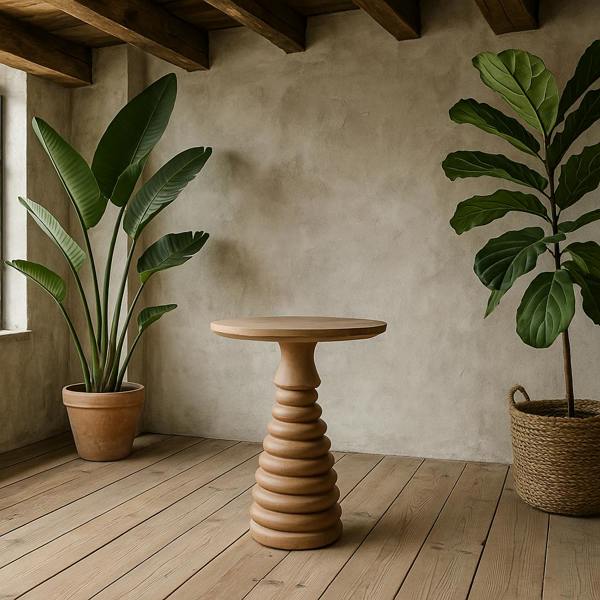 Wyld Haus Chicago Cane and Carved Natural Mango Wood Side Table