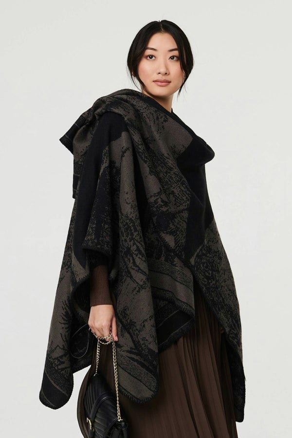 Grey | Border Print Oversized Poncho
