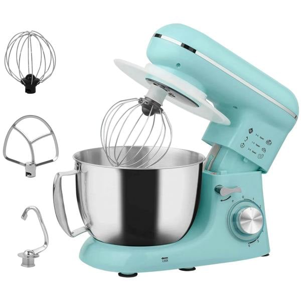 Blue kitchen stand mixer with stainless steel bowl and wire whisk attachment