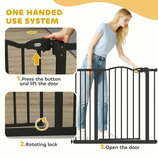 Black adjustable pet safety gate with auto-close door and one-handed latch handle