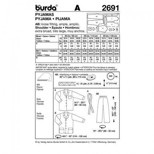 Burda Sewing Pattern 2691 Trousers, Pyjamas, Shirts and Tops For Men and Women, 12-22 / 34-44 - Easy