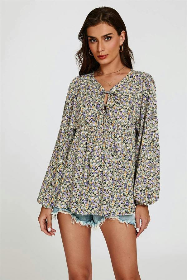 FS Collection Floral Print long sleeve Blouse Top In Purple