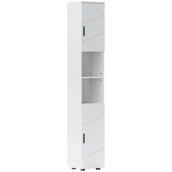 White tall bathroom storage cabinet with embossed line doors and open shelves