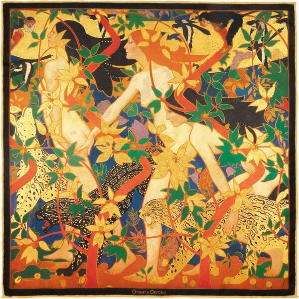 Otway & Orford 'The Hunt' silk pocket square in gold, orange, green & blue (42 x 42cm)