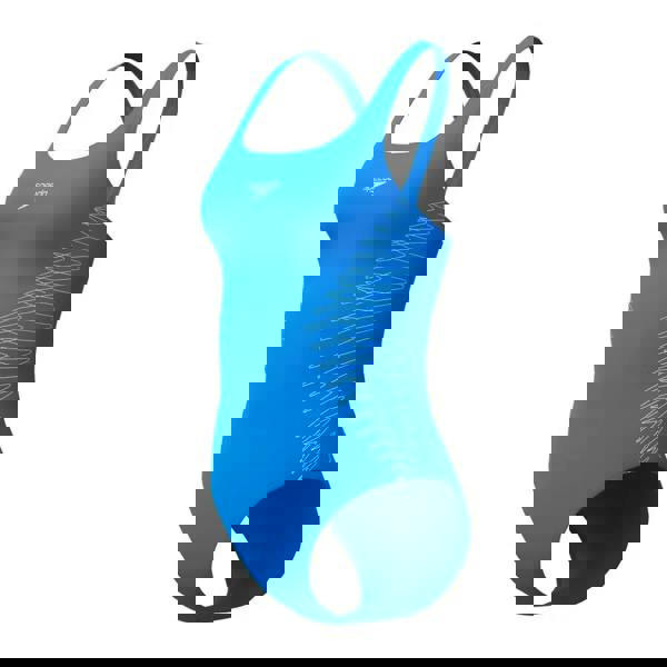 Blue Speedo placement muscleback swimsuit with white wave back design