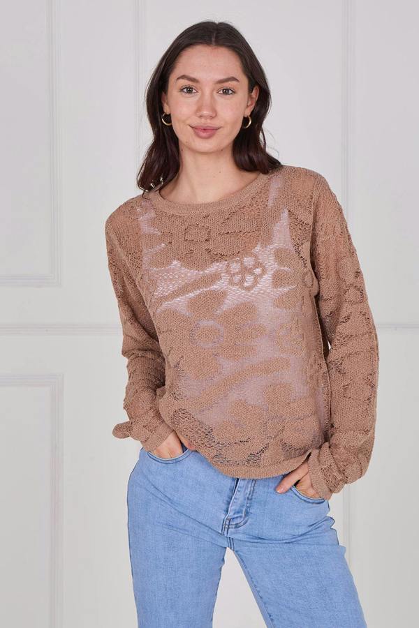 Model wearing a long sleeve crochet top with an open-knit pattern, styled with high-waisted jeans, featuring a relaxed fit and lightweight texture for casual everyday wear.