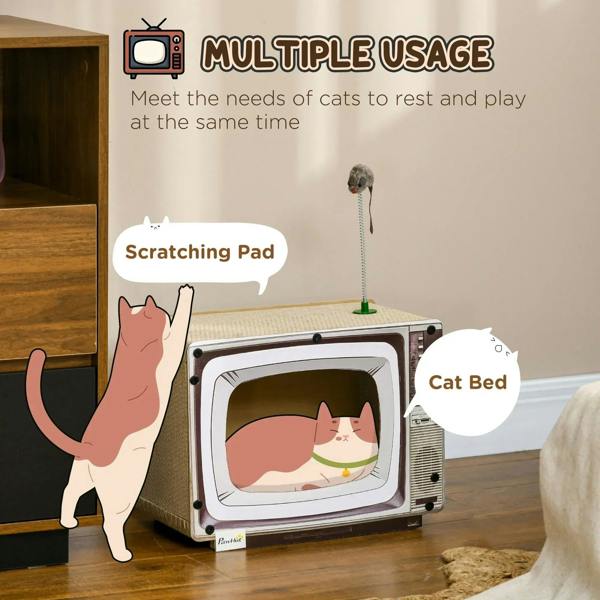 TV-shaped cat scratching board with side scratching pad and hanging toy rat