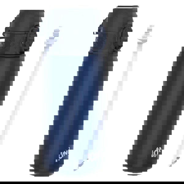 A dark-blue water bottle with a lid and carrying handle sits beside a detached white straw. The bottle is labeled "ION8".