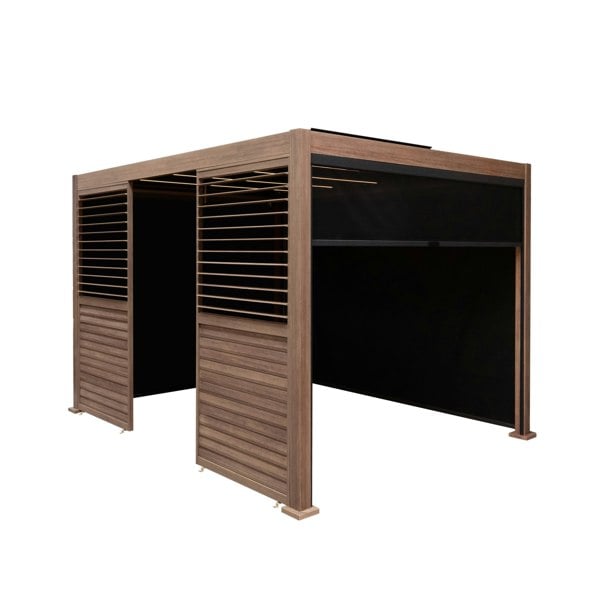 Wood effect aluminium pergola with blinds, two side panels, and integrated LED lights, featuring a modern design and sleek finish