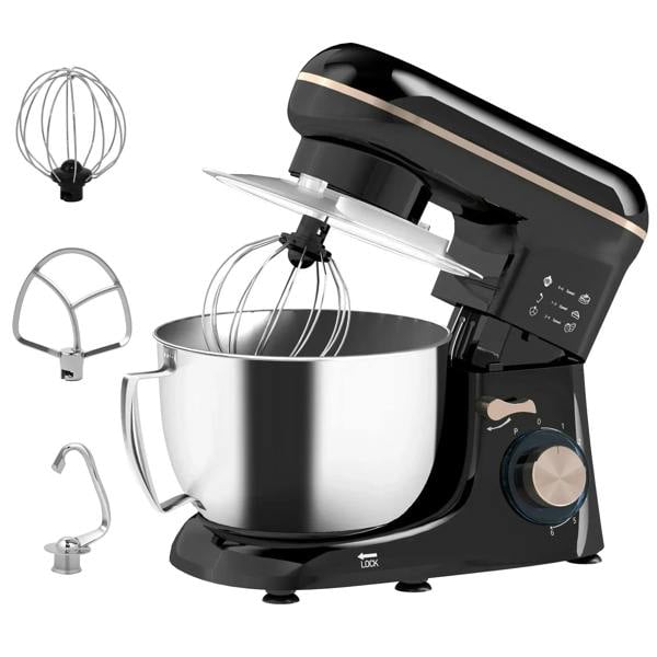 Black kitchen stand mixer with stainless steel bowl and wire whisk attachments