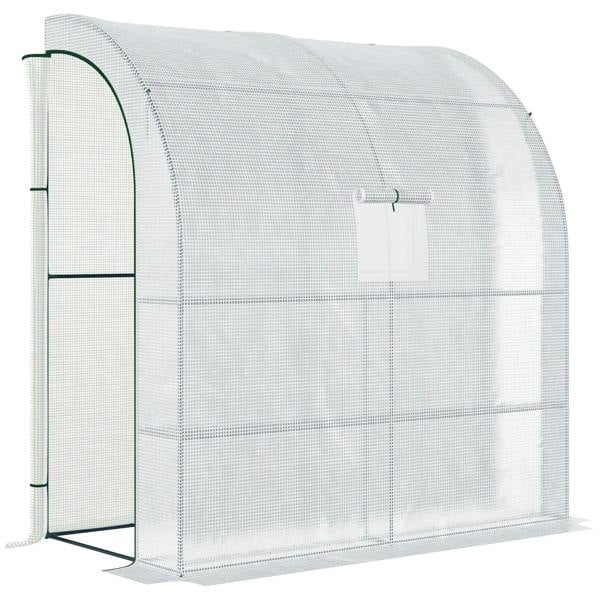 White walk-in greenhouse tunnel with clear mesh cover, roll-up end door, and metal frame