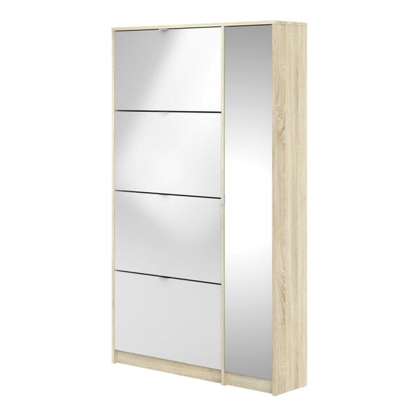 Wyld Haus Prague Natural Oak Effect Shoe Cabinet 4 Flip Down Doors Mirror Door