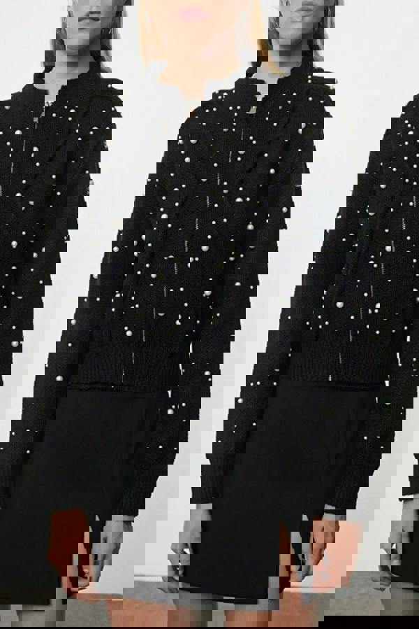 WOVCOR Soft Textured Zippered Knit Cardigan with Stone Details