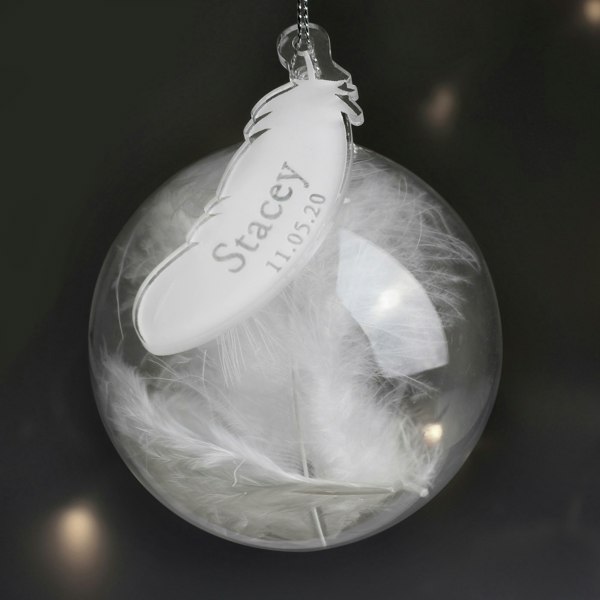 Personalised Memento Company Personalised Name & Date Feather Glass Bauble