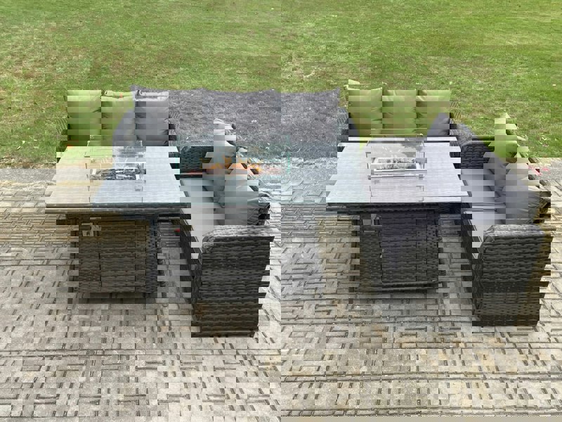 Fimous Rattan Garden Furniture Set with Gas Fire Pit Table 3 Pieces Outdoor Lounge Sofa Set Dark Grey Mixed