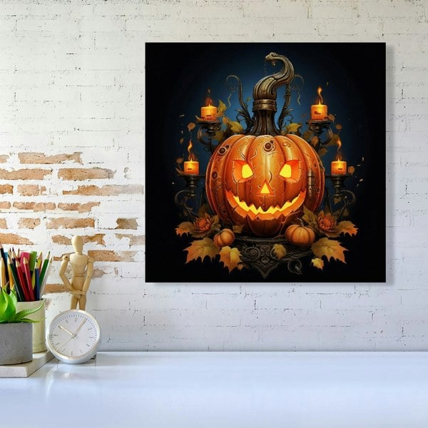 Warren Reed Spooy Pumpkin With Leaves And Small Candles Canvas