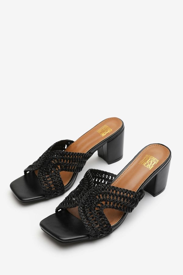 Where's That From Summer Woven Strap Block Heel Slides in Black Faux Leather