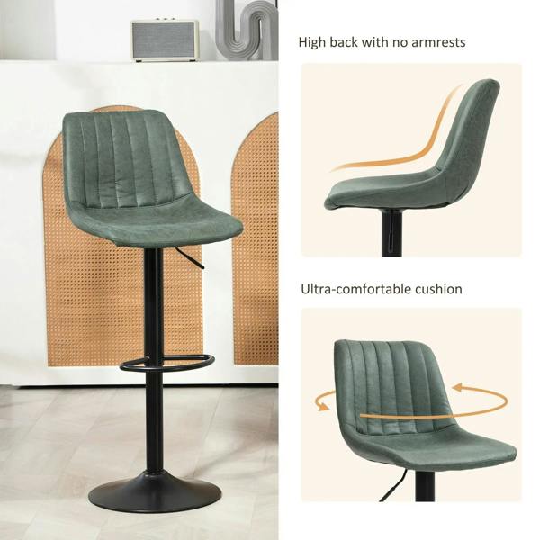 Green retro bar stool with tufted seat and backrest, black pedestal base and footrest