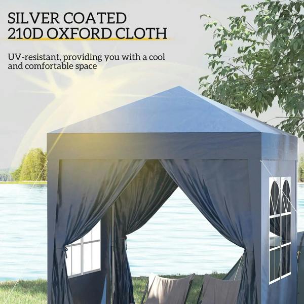 Blue pop-up garden gazebo with peaked canopy, window openings, and draped curtains