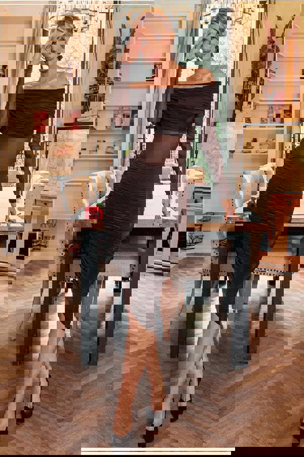 Side Gathered Asymmetric Midi Skirt - Brown SK63