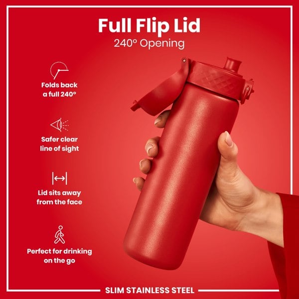 A red, slim stainless steel water bottle is held; its full flip lid is open to 240°. The background is also red. Full Flip Lid, 240° Opening.