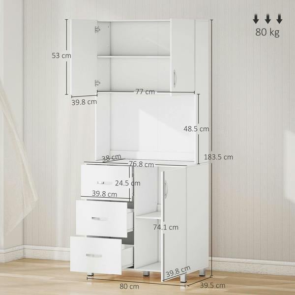 White cupboard with doors and three drawers plus open countertop storage compartment