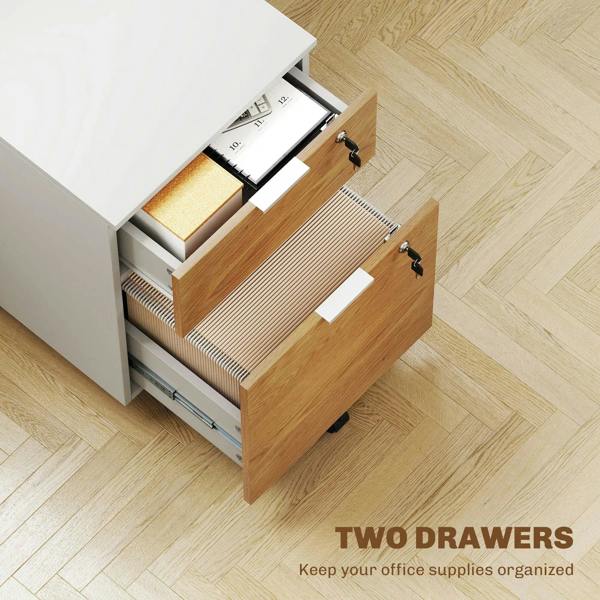 Wood-effect filing cabinet with an open drawer revealing documents, white frame and locks