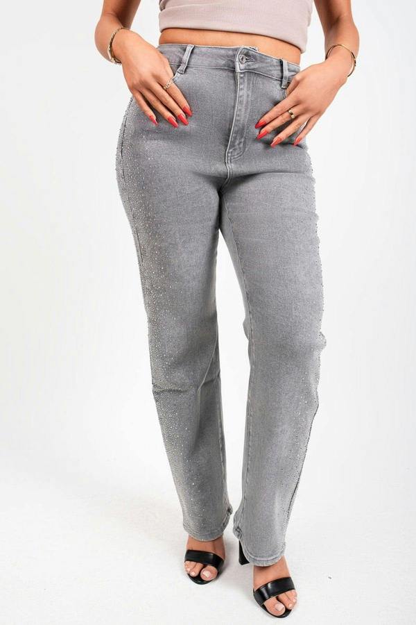 Elyndra High Waisted Sparkle Straight Leg Jeans - Grey