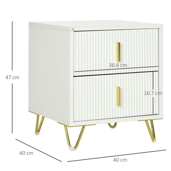 White two-drawer chest with vertical ribbed panels, gold-tone handles, and slim gold legs; side view