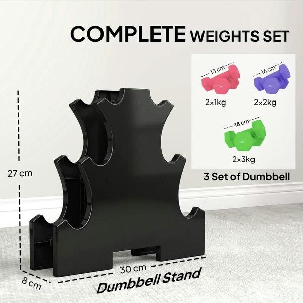 Hex Dumbbells Set with Dumbbell Rack, Hand Weights for Strength Training Weight Lifting, 2 x 1kg, 2 x 2kg, 2 x 3kg