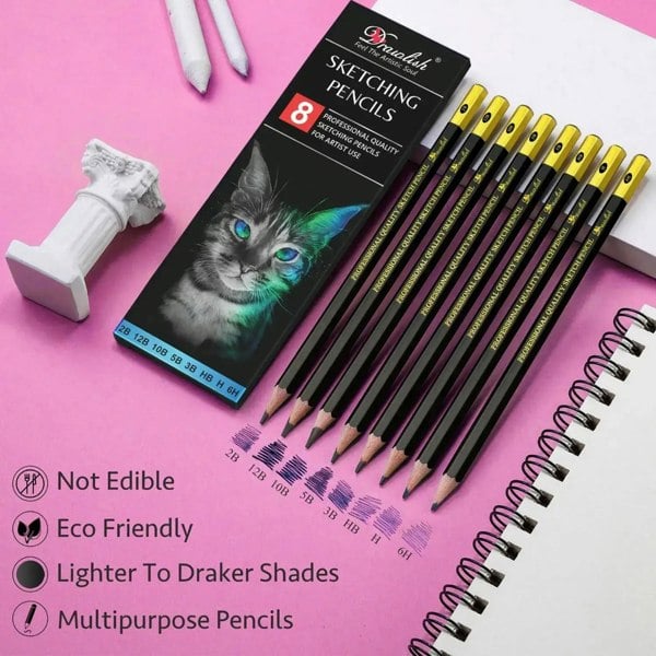 Drawlish Sketch Pencils For Drawing Set of 8 - 2B 12B 10B 5B 3B HB H 6H Arts Pencils