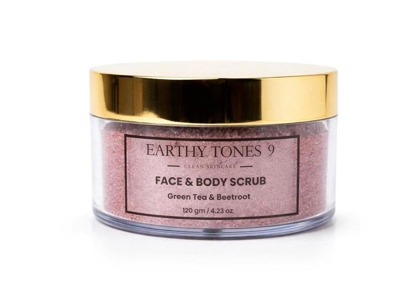 Earthy Tones 9 face & body scrub 120g jar with gold lid on a white background
