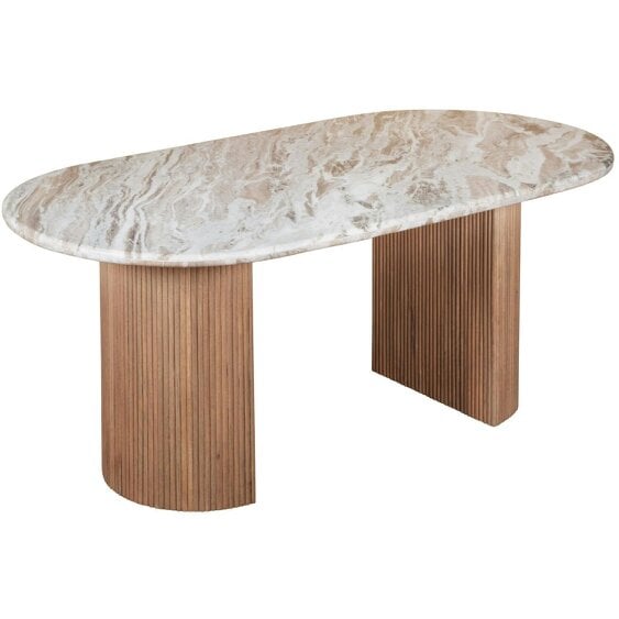 Wyld Haus Boston Natural Oak and Brown Marble Pedestal 6 Seater Dining Table