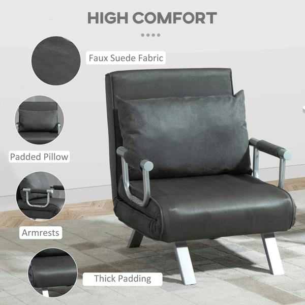 Grey faux suede chair bed with padded pillow, thick padding, and armrests