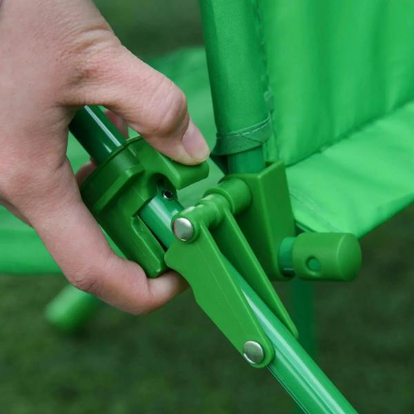 Bayonet lock on green chair frame, shown with hand adjusting the fold