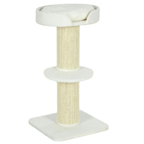 Cream sisal cat tree with round sherpa top perch cushion on wrapped post