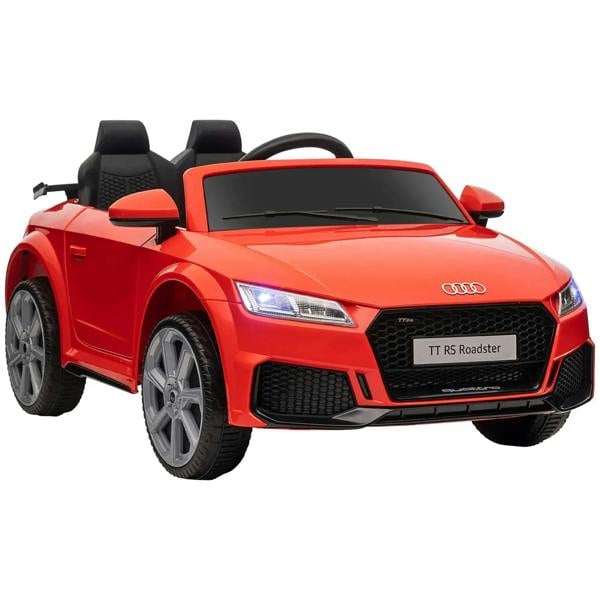 Red kids Audi TT RS Roadster ride-on car with front grille, headlights, and black seats