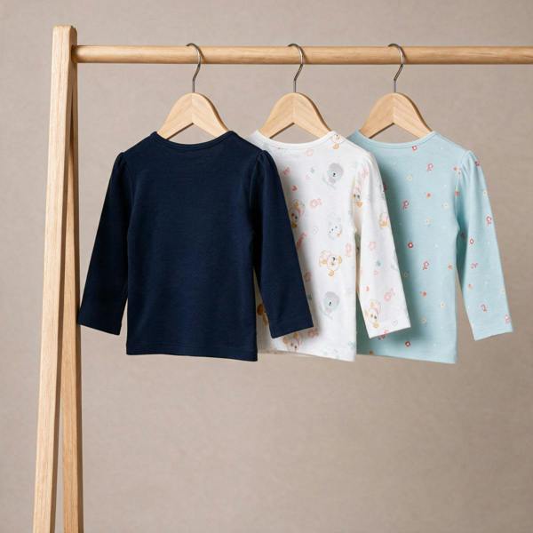 Mini Cuddles Baby Girls Printed Tops Pack of 3, Navy Blue, White and Light Blue