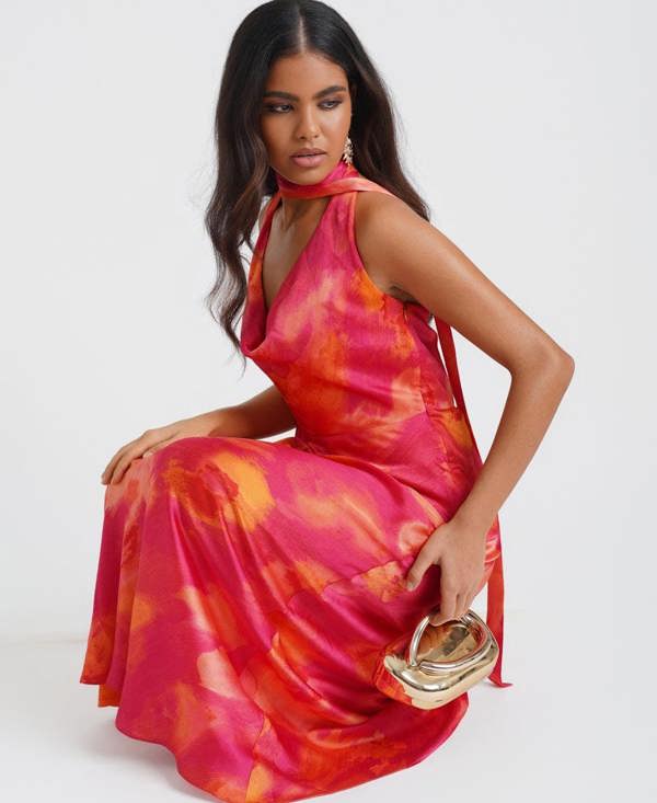 Needs No Label Pink Marble Scarf Neck Maxi Dress